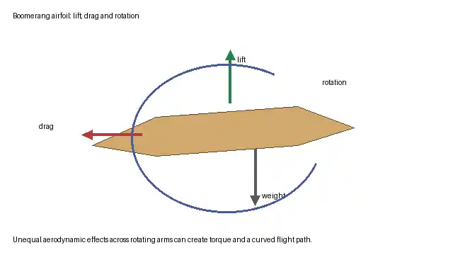 Boomerang airfoil diagram labelled with lift, drag, weight and rotation to explain curved flight