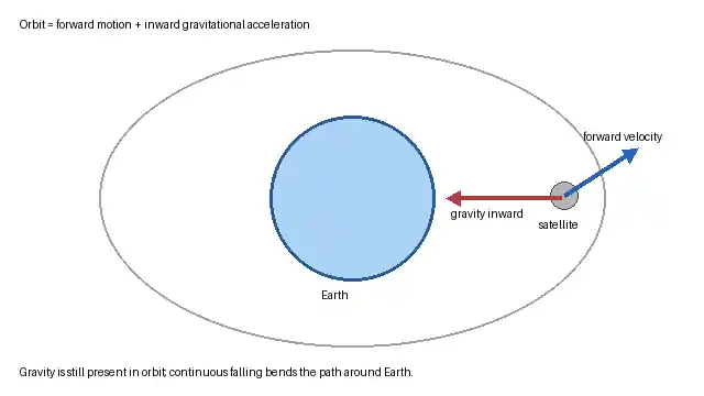 Satellite orbit diagram showing forward velocity tangent to the orbit and gravitational acceleration directed inward toward Earth