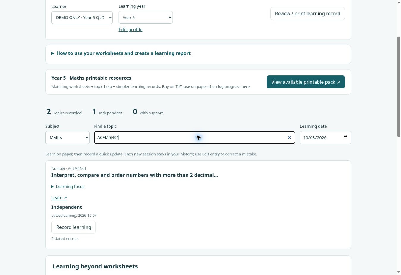 Live tracker demo: choose a learner, year and worksheet pack. Synthetic sample data.
