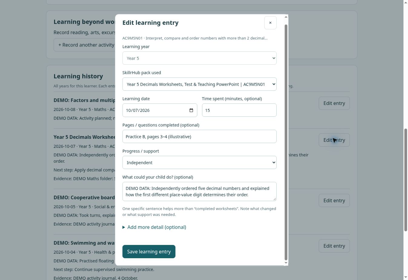 Live tracker demo: record pack, pages, date and progress. Synthetic sample data.