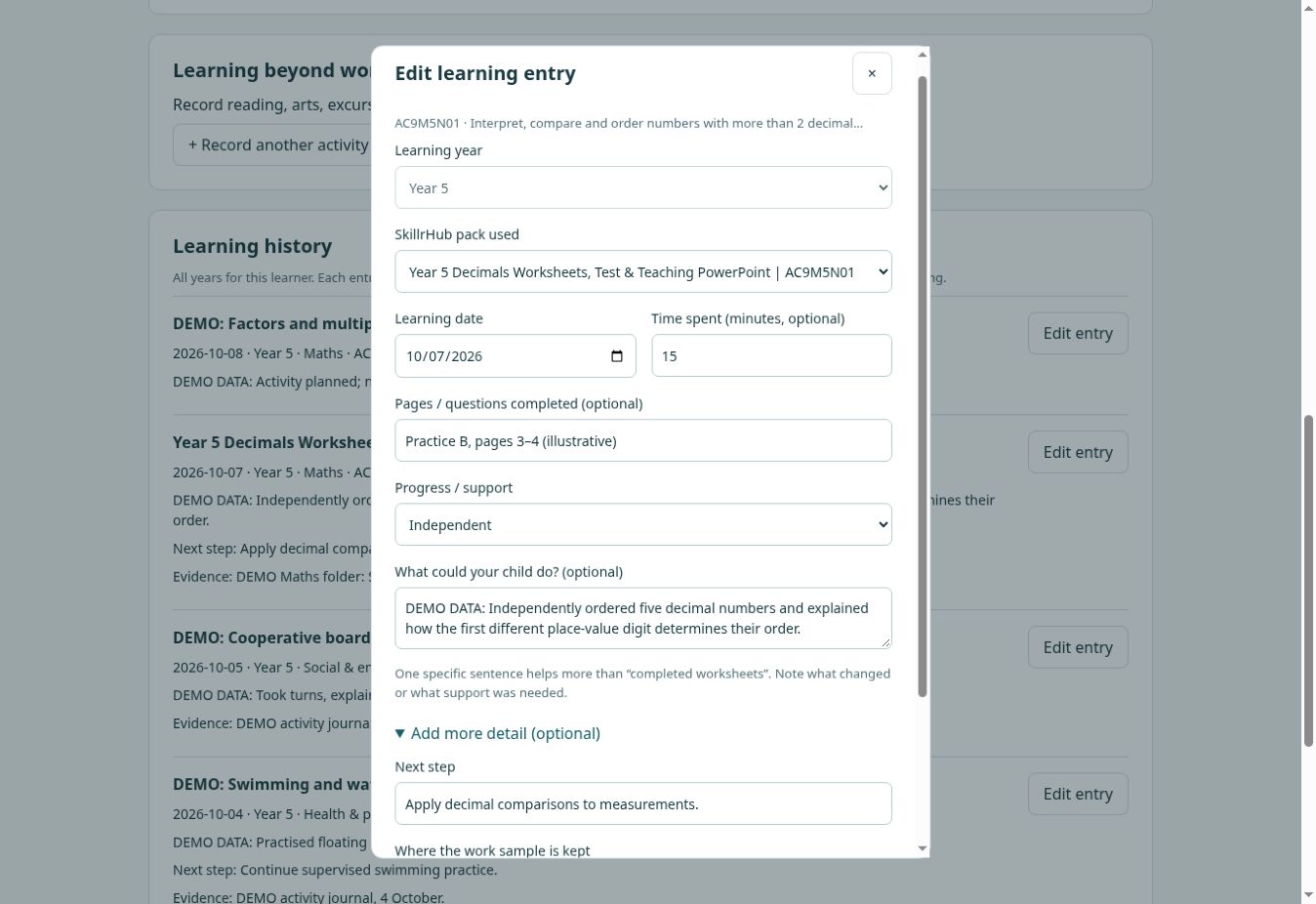 Live tracker demo: add a next step and paper-folder reference. Synthetic sample data.
