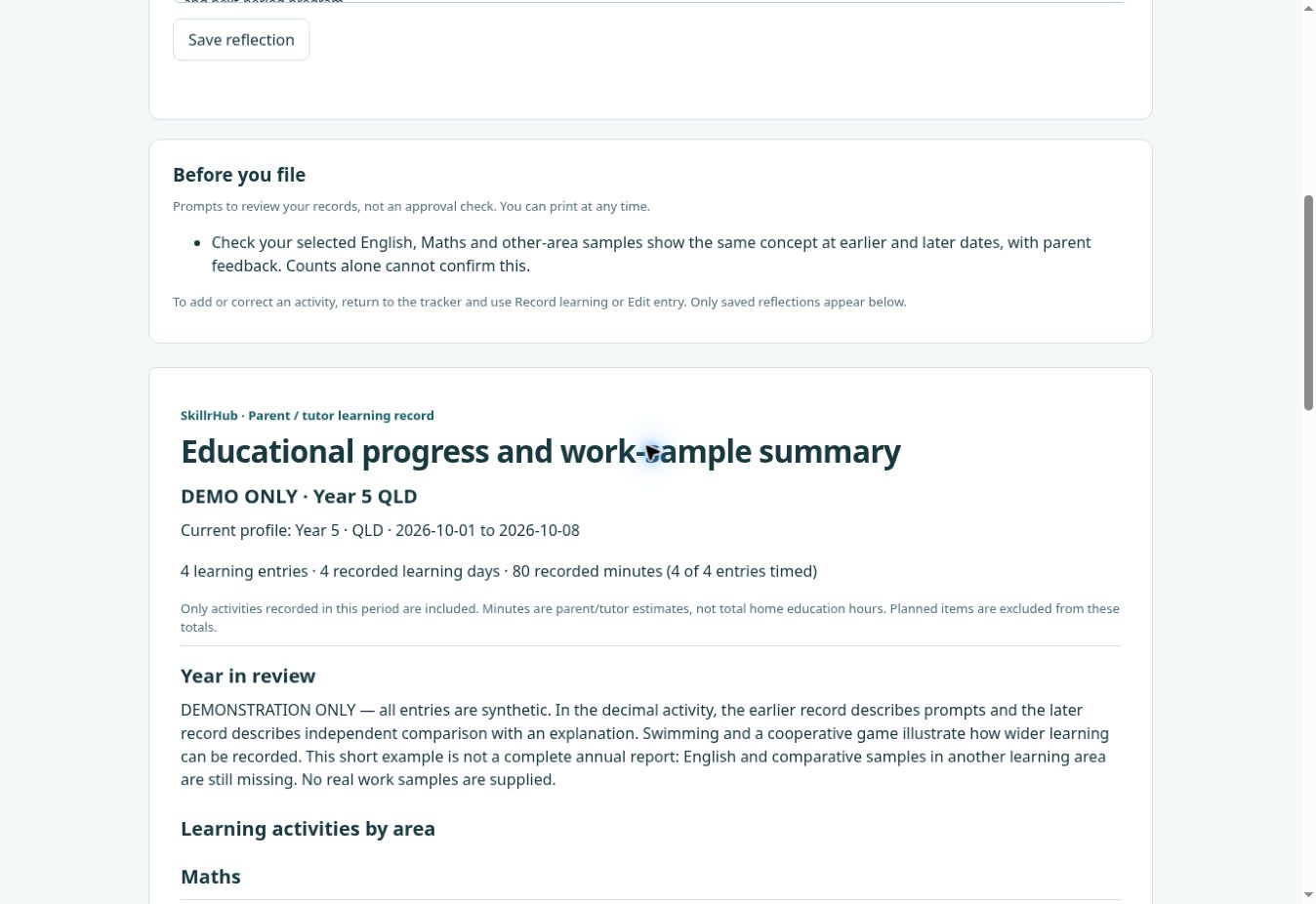 Live tracker demo: see dated sessions together in the learning summary. Synthetic sample data.