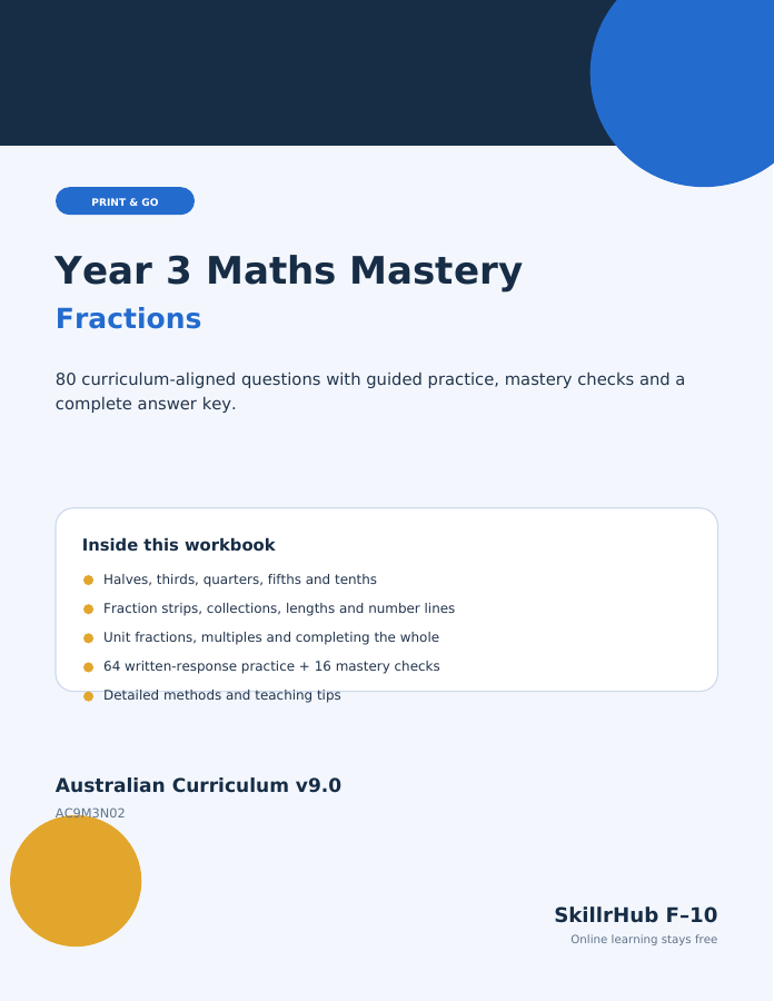 Year 3 Fractions Workbook | 80 Questions & Answers | Australian Curriculum v9.0 cover
