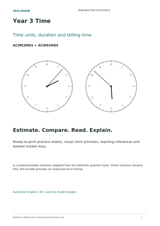 Year 3 Time printable worksheets and teaching slides bundle